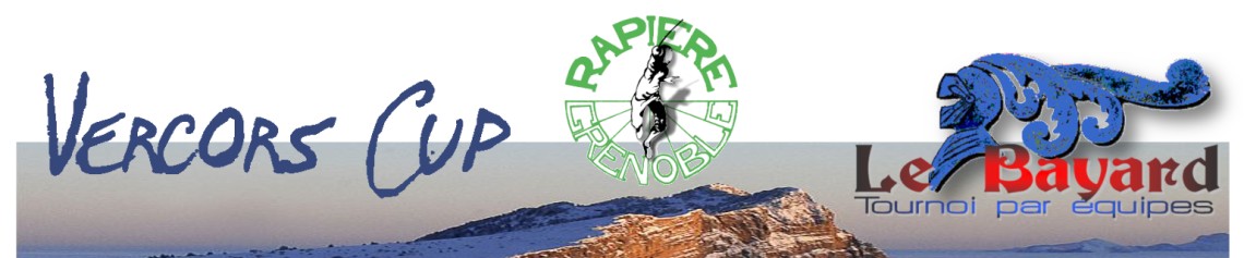 Bannière de la compétition : « Vercors Cup », le logo du Cercle d’escrime de la Rapière Grenoble et celui du Tournoi Bayard, par équipes, sur une photo des falaises enneigées du Vercors